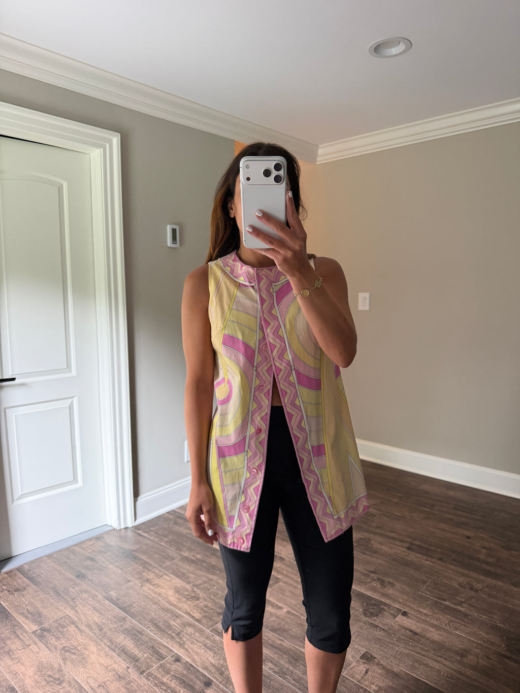 Emilio Pucci Cotton Poplin Sleeveless Tunic Top Pink Yellow Geometric Print Saks Fifth Avenue