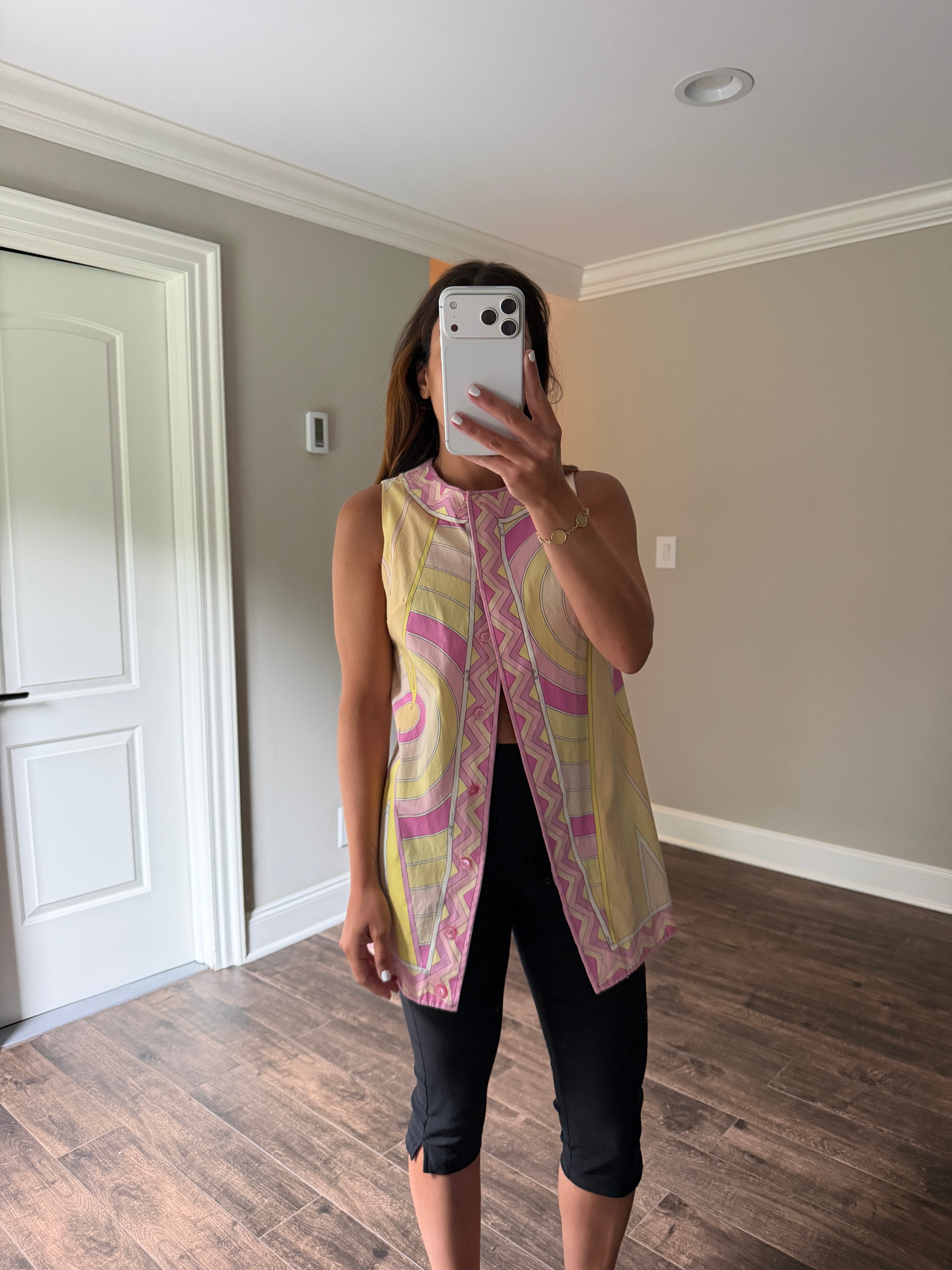 Emilio Pucci Cotton Poplin Sleeveless Tunic Top Pink Yellow Geometric Print Saks Fifth Avenue