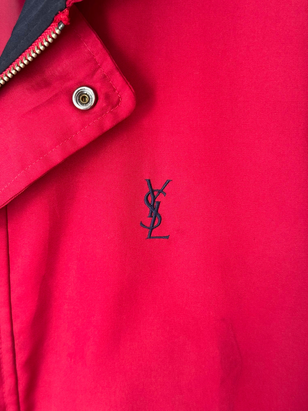Yves Saint Laurent Vintage 90s Red YSL Logo Windbreaker Jacket Navy Logo Hidden Hood Size 100 Oversized