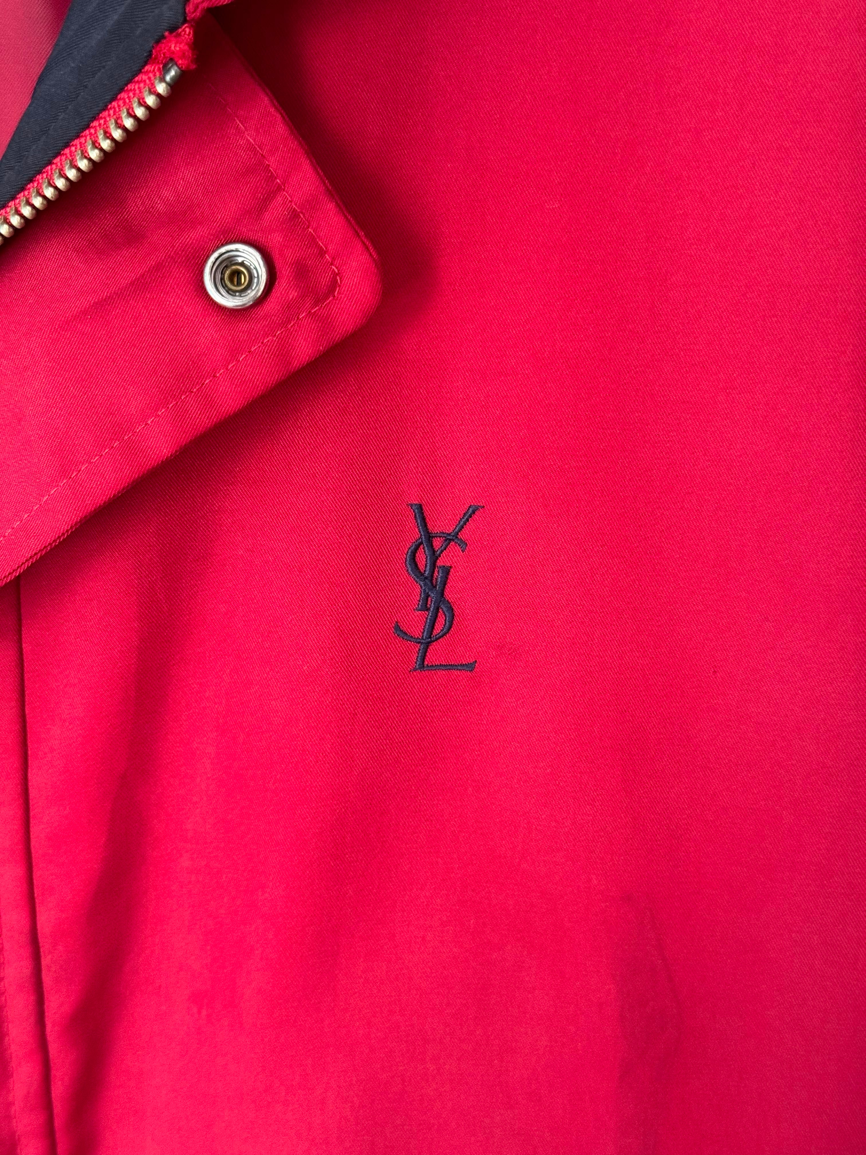 Yves Saint Laurent Vintage 90s Red YSL Logo Windbreaker Jacket Navy Logo Hidden Hood Size 100 Oversized