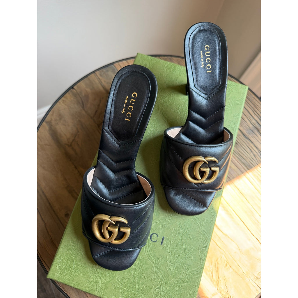 Gucci Double G Leather Sandals Black Gold GG Logo Heel Slides Size 35.5 BNIB