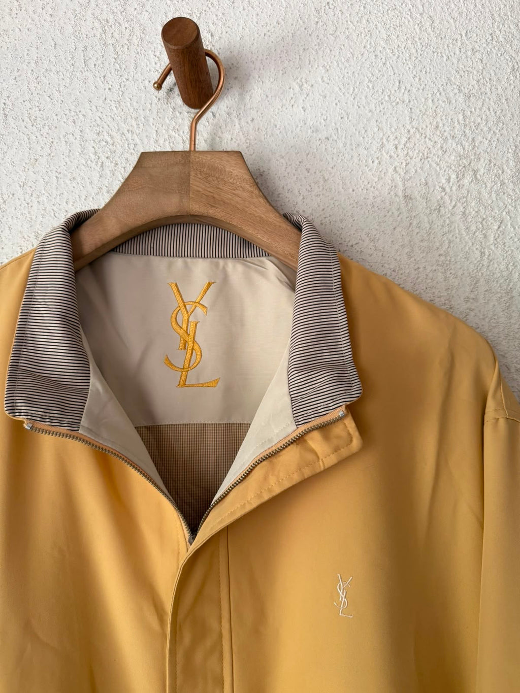 Yves Saint Laurent Vintage 90s Yellow YSL Logo Windbreaker Jacket White Logo Size 110 Oversized