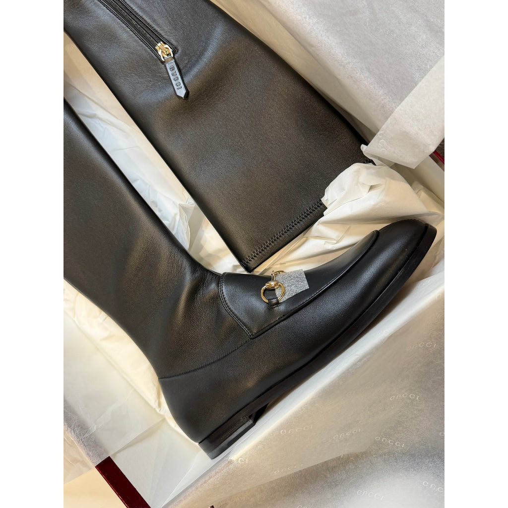 Gucci Jordaan Leather Knee High Boots Black Lambskin Horsebit Size 37.5 BNIB