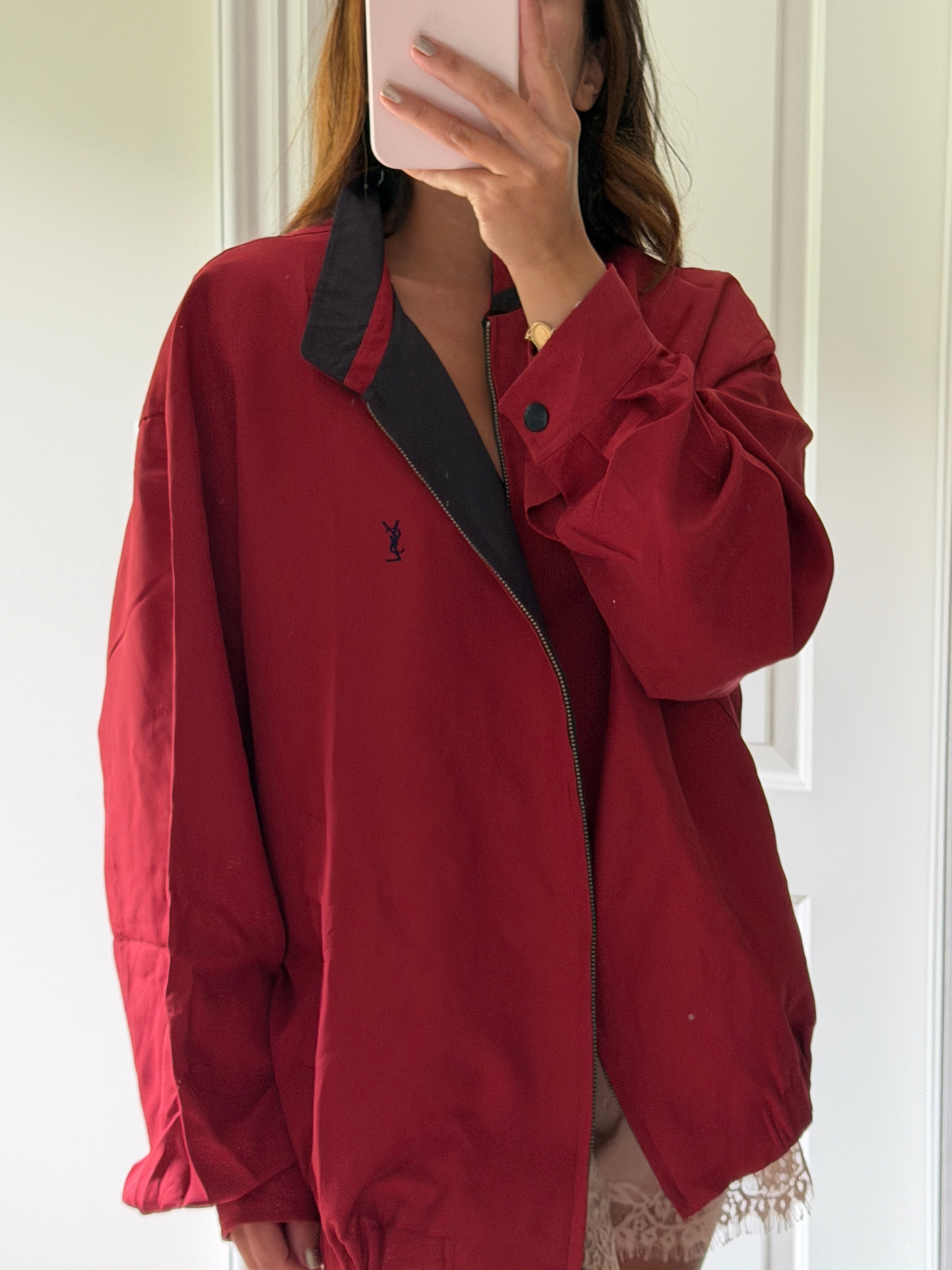 Yves Saint Laurent Vintage 90s Red YSL Logo Windbreaker Jacket Navy Logo Size 110 Oversized