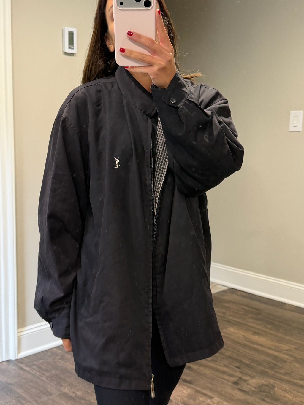 Yves Saint Laurent Vintage YSL Reversible Black Checkered Windbreaker Bomber Jacket Size 100