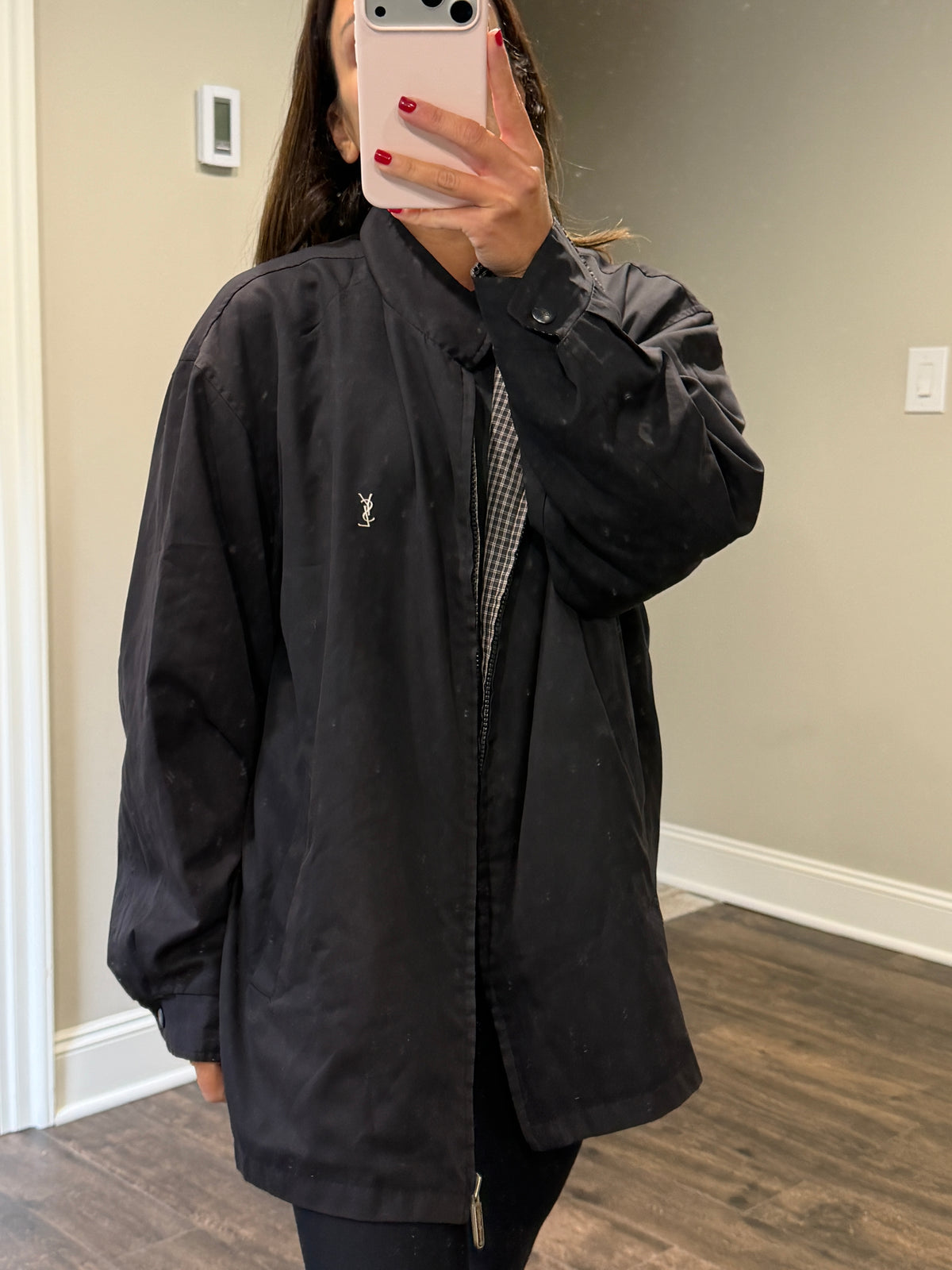 Yves Saint Laurent Vintage YSL Reversible Black Checkered Windbreaker Bomber Jacket Size 100