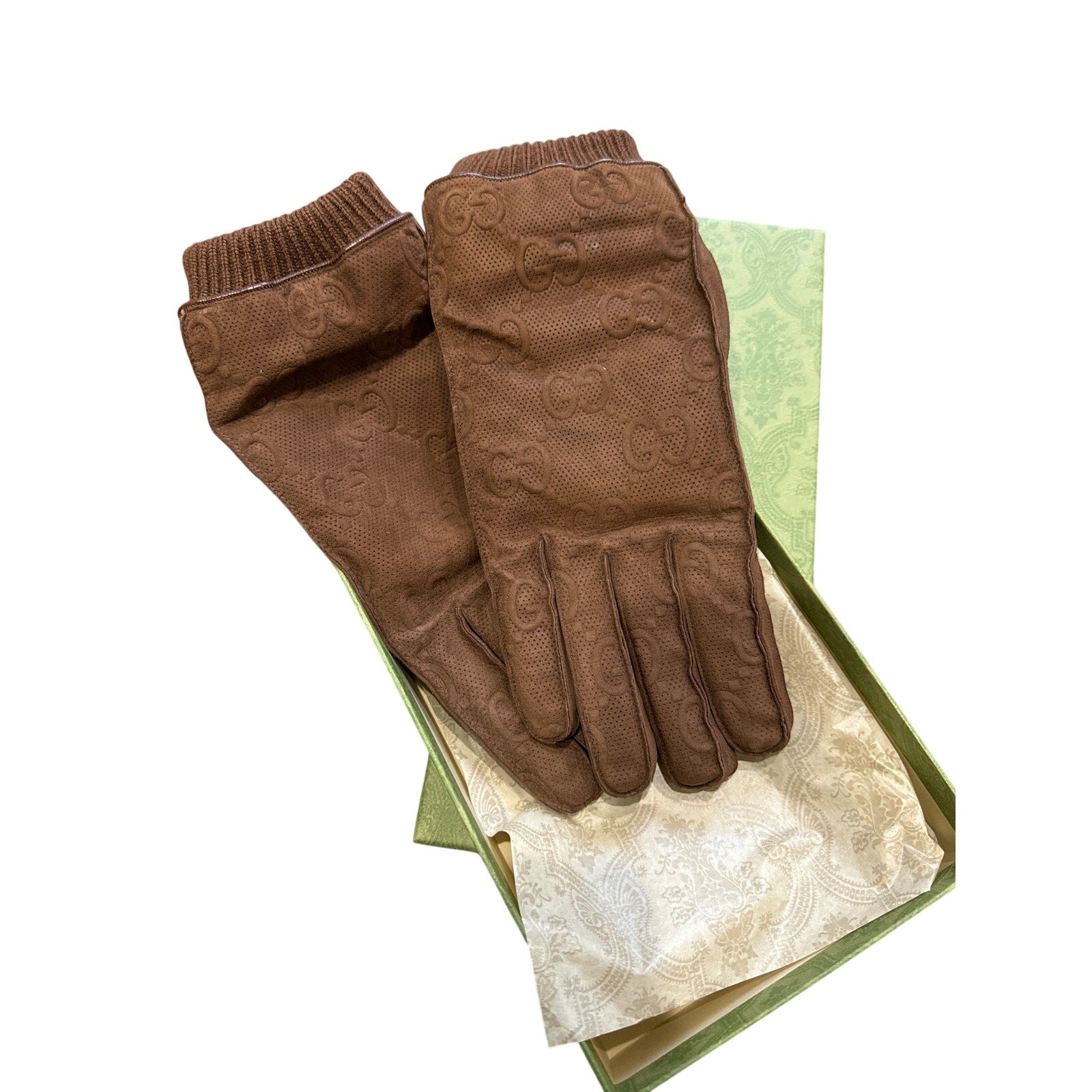 Gucci Men’s large Brown Suede Embossed Monogram GG Gloves NWT