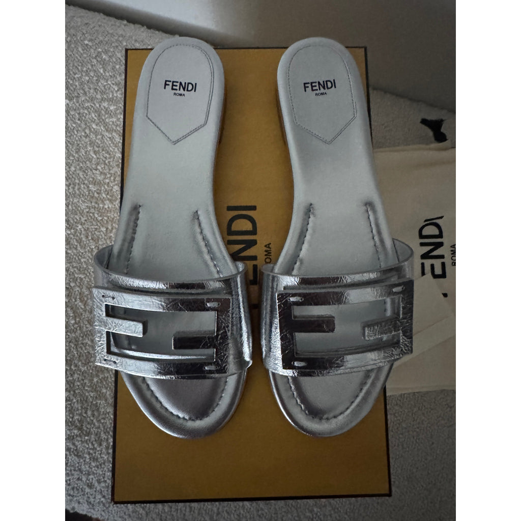 FENDI Silver Baguette nappa leather slides BNIB Size 39