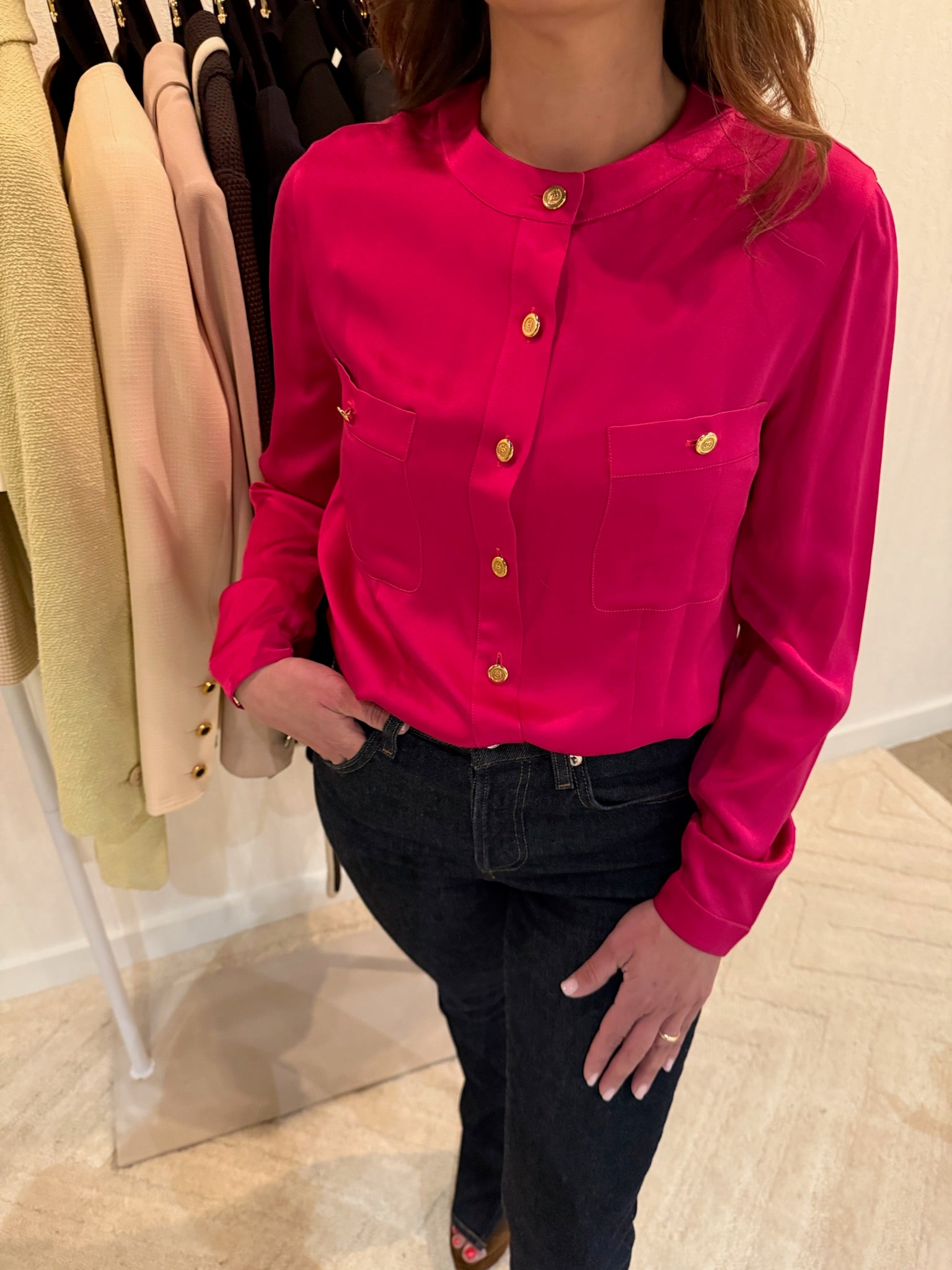 Chanel 1991 Pink Silk Button-Up Blouse Gold CC Logo Buttons FR36