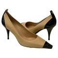VINTAGE CHANEL Beige Leather Black Patent Leather Cap Toe Pumps Shoes Heel Pointy 38