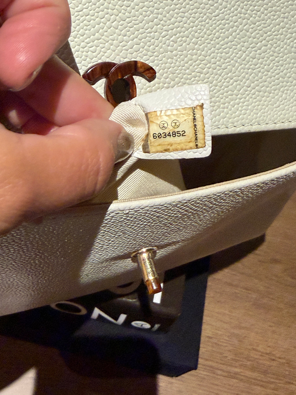 Chanel Kelly Top Handle Bag Off White Caviar Leather Wooden CC Turn Lock & Wood Handle 2000 2002 Vintage