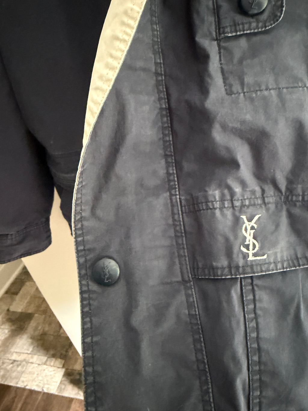 Yves Saint Laurent Vintage 90s Chino Blue YSL Logo Utility Windbreaker Jacket Gold Hardware Size 100 Oversized
