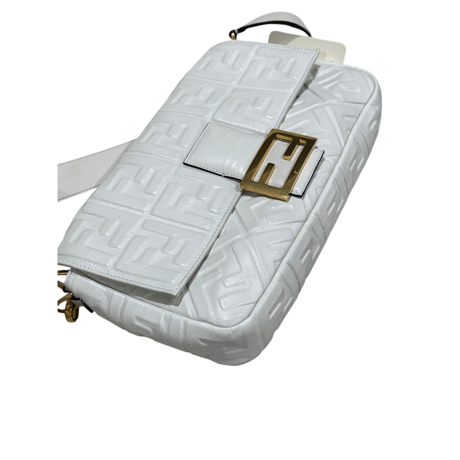 Fendi  Nappa FF 1974 Embossed Large Baguette White NWT