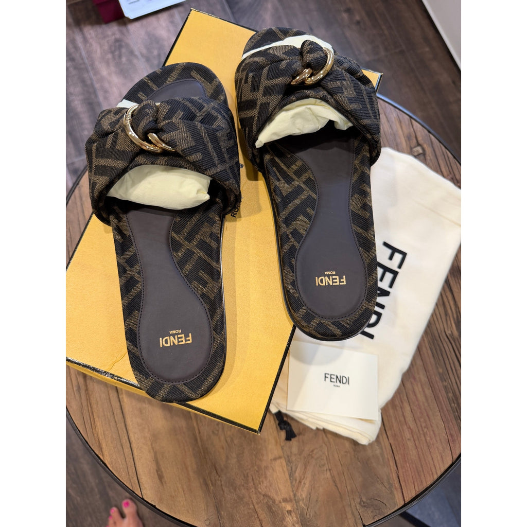 Fendi Feel Knotted Slide Sandals Brown FF Logo Satin Slides Size 37 Brand New in Box