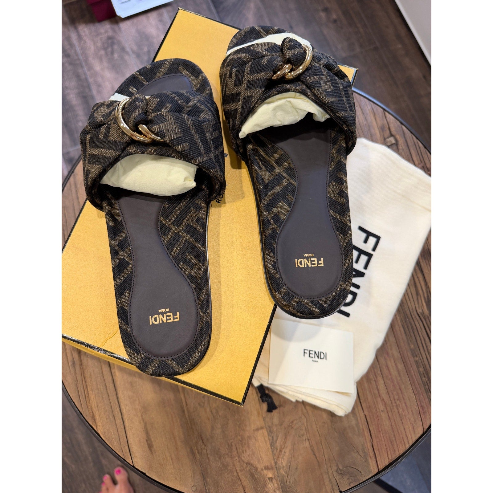 Fendi Feel Knotted Slide Sandals Brown FF Logo Satin Slides Size 37 Brand New in Box