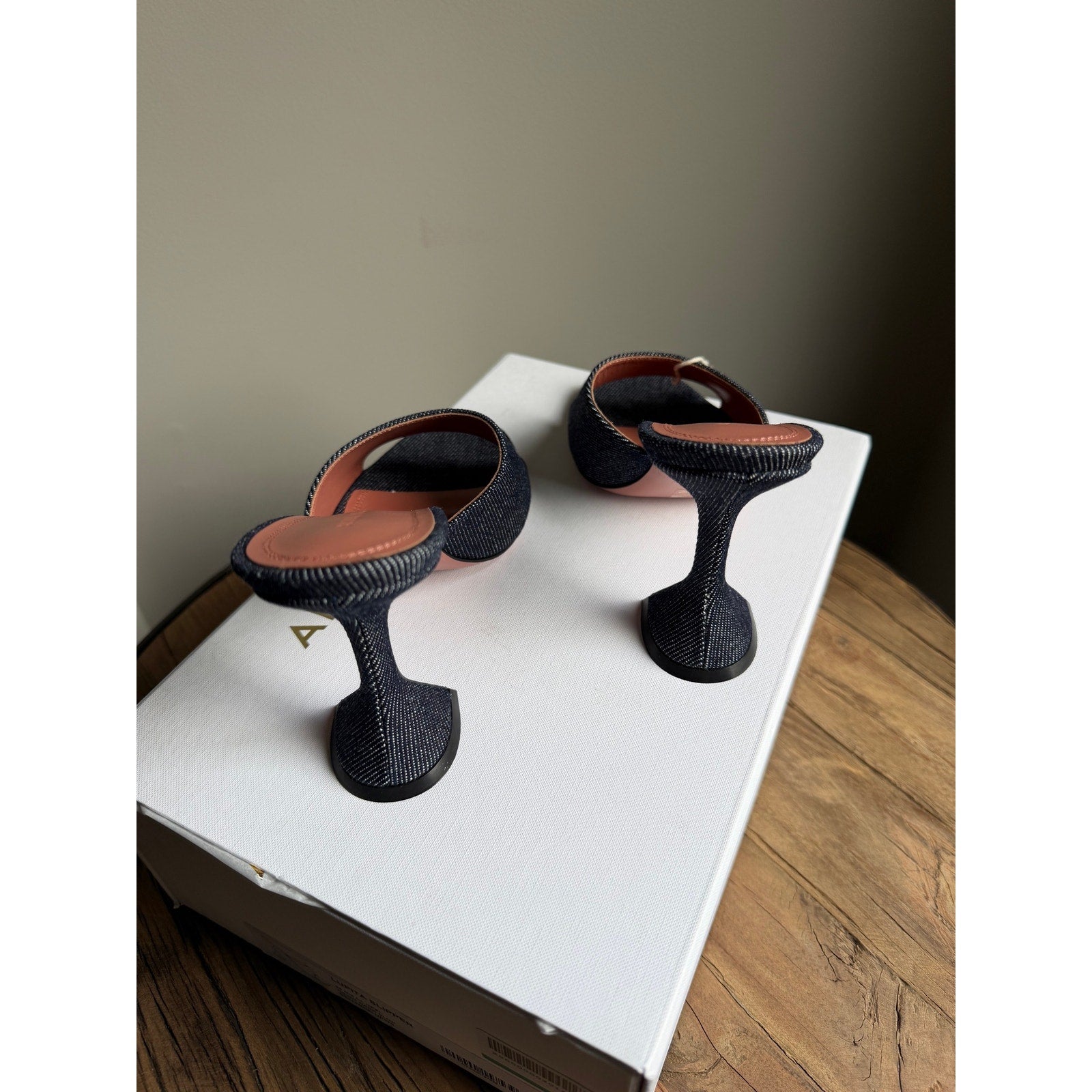 Amina Muaddi Lupita Denim Mule Sandals Dark Blue 95mm Heel Size 37 BNIB