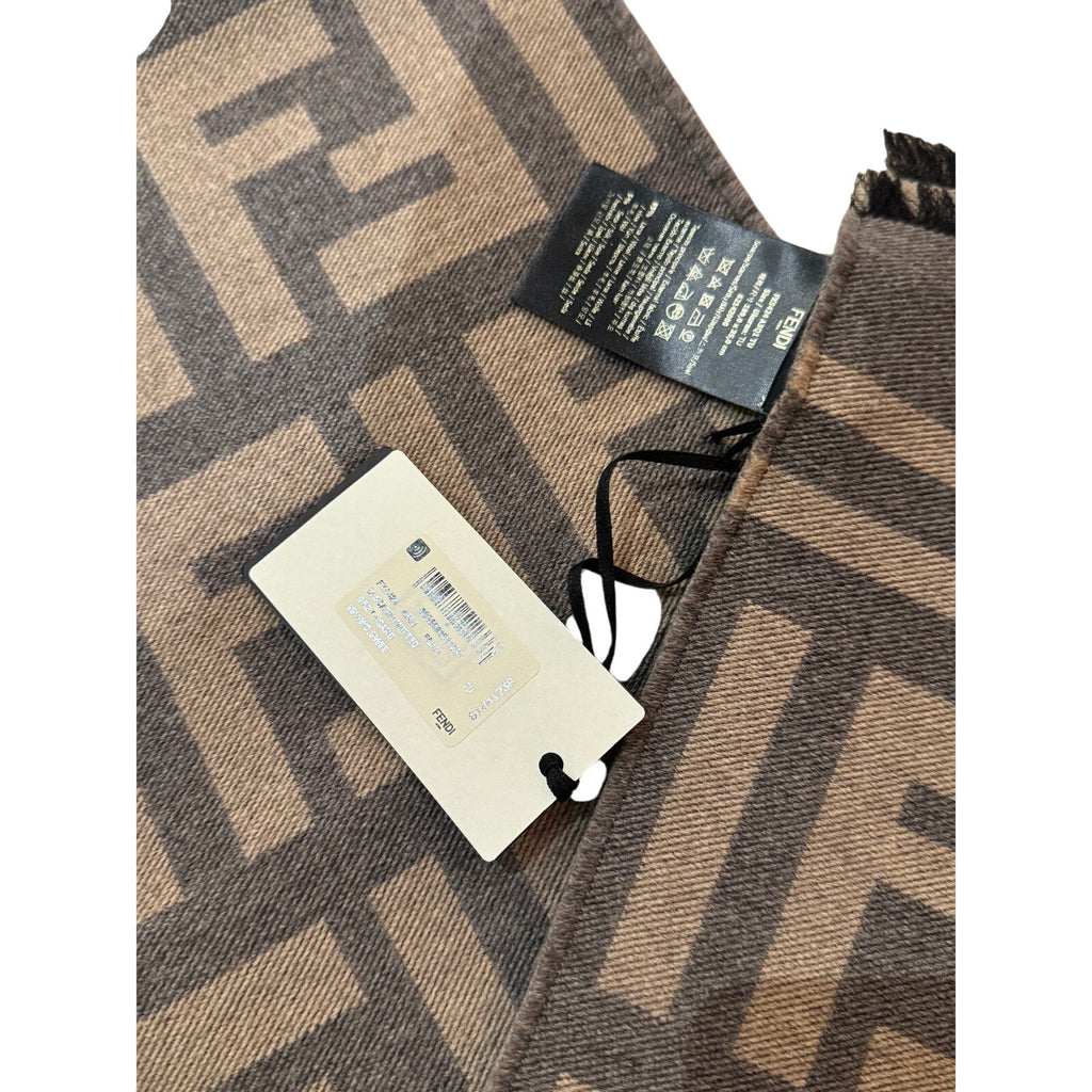 FENDI Gray & Sand Wool Silk FF Motif Scarf NWT Fringe Wrap 180x35cm (71x14in)