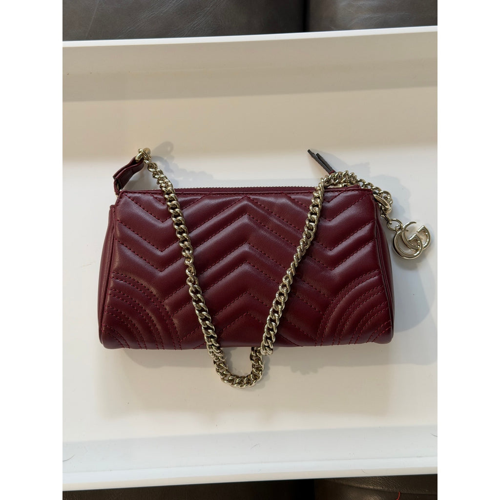 Gucci GG Marmont Small Shoulder Bag Bordeaux Matelassé Leather Gold Hardware NWT