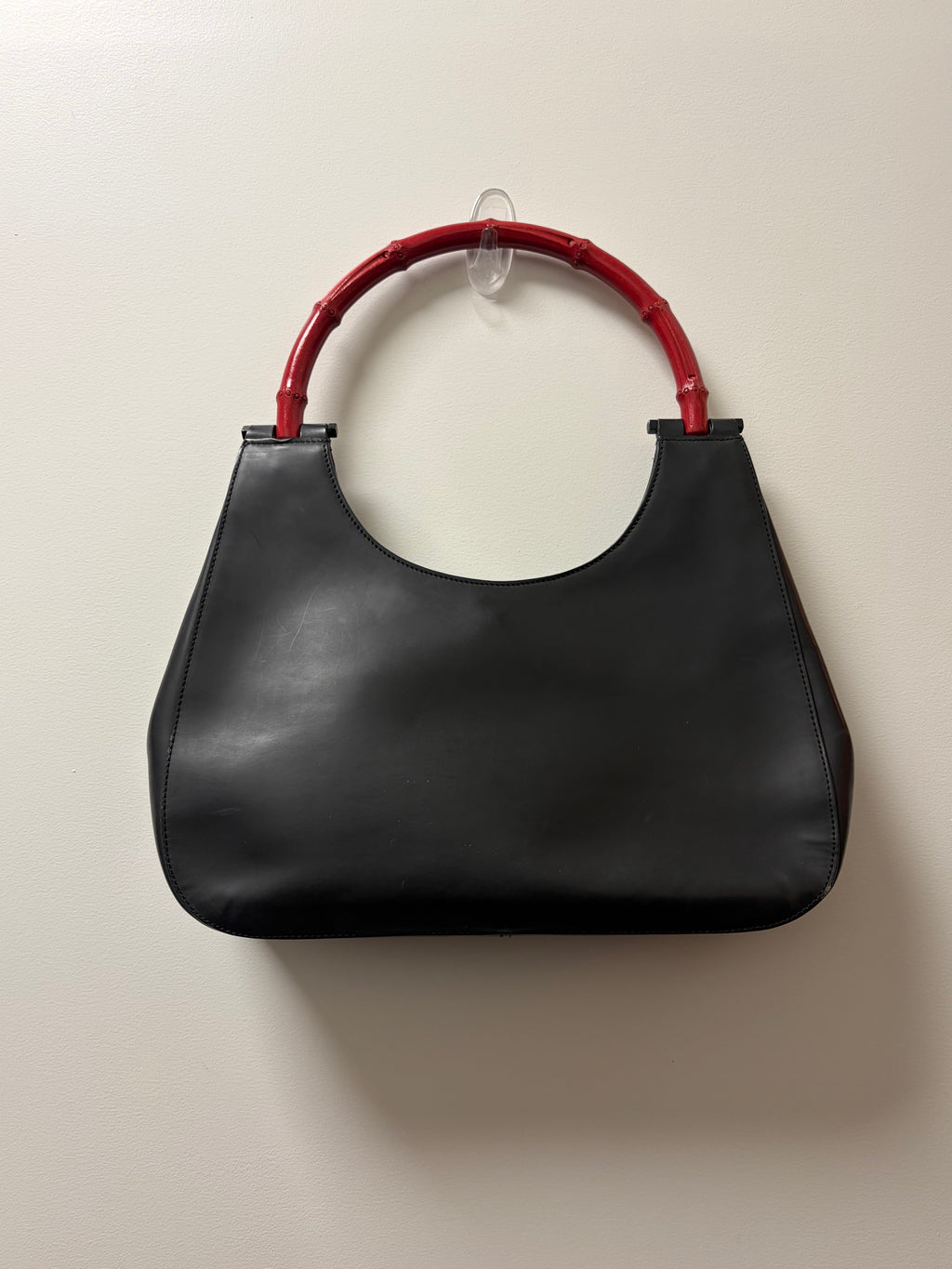 Gucci Bamboo Handle Shoulder Bag Black Leather & Red Bamboo