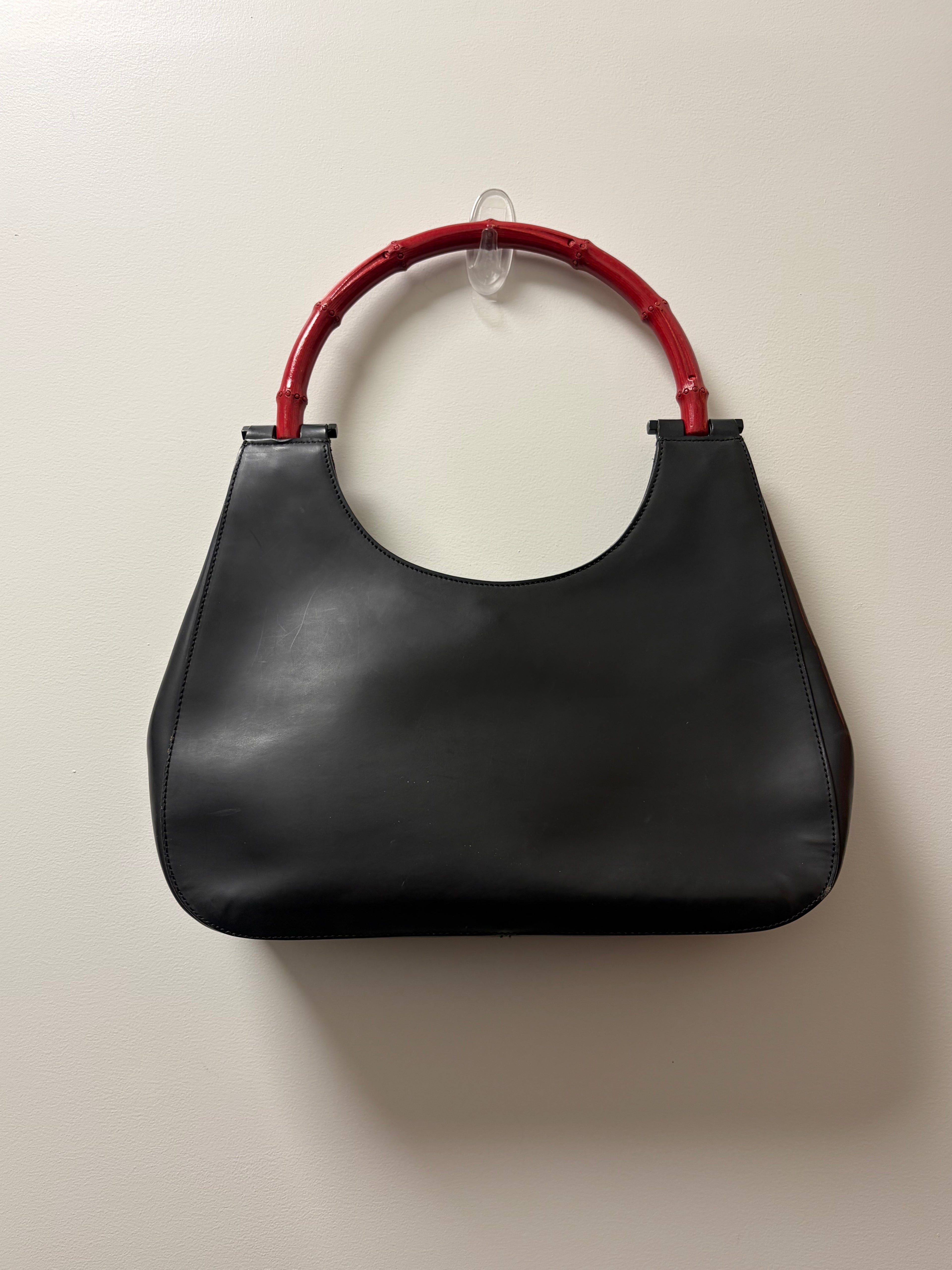 Gucci Bamboo Handle Shoulder Bag Black Leather & Red Bamboo