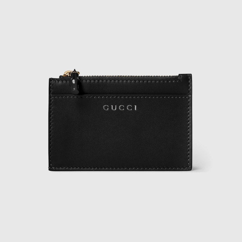 Gucci Bamboo Card Case Black Leather Zip Card Holder Wallet BNIB