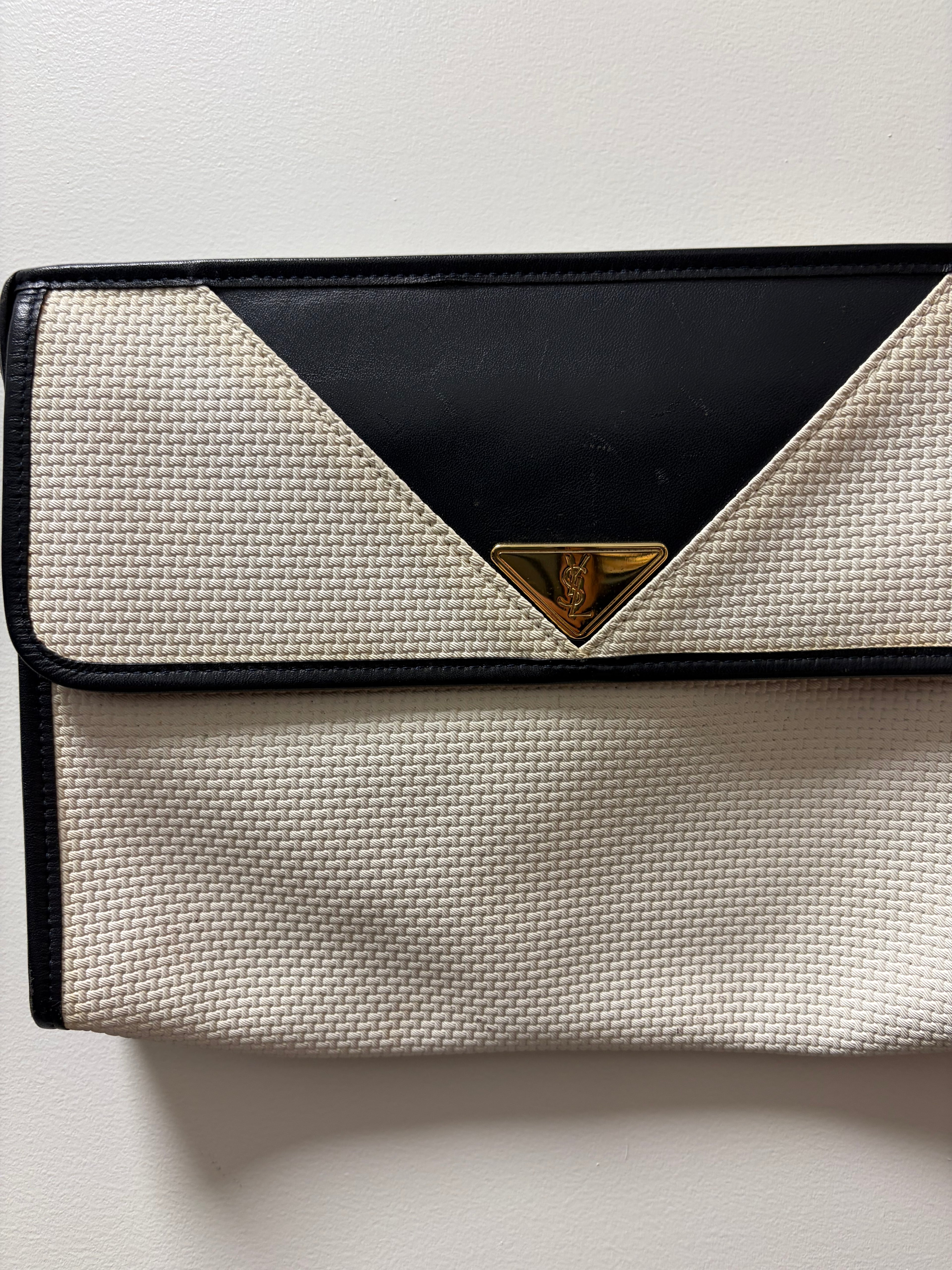Yves Saint Laurent White & Navy YSL Logo PVC Clutch Bag