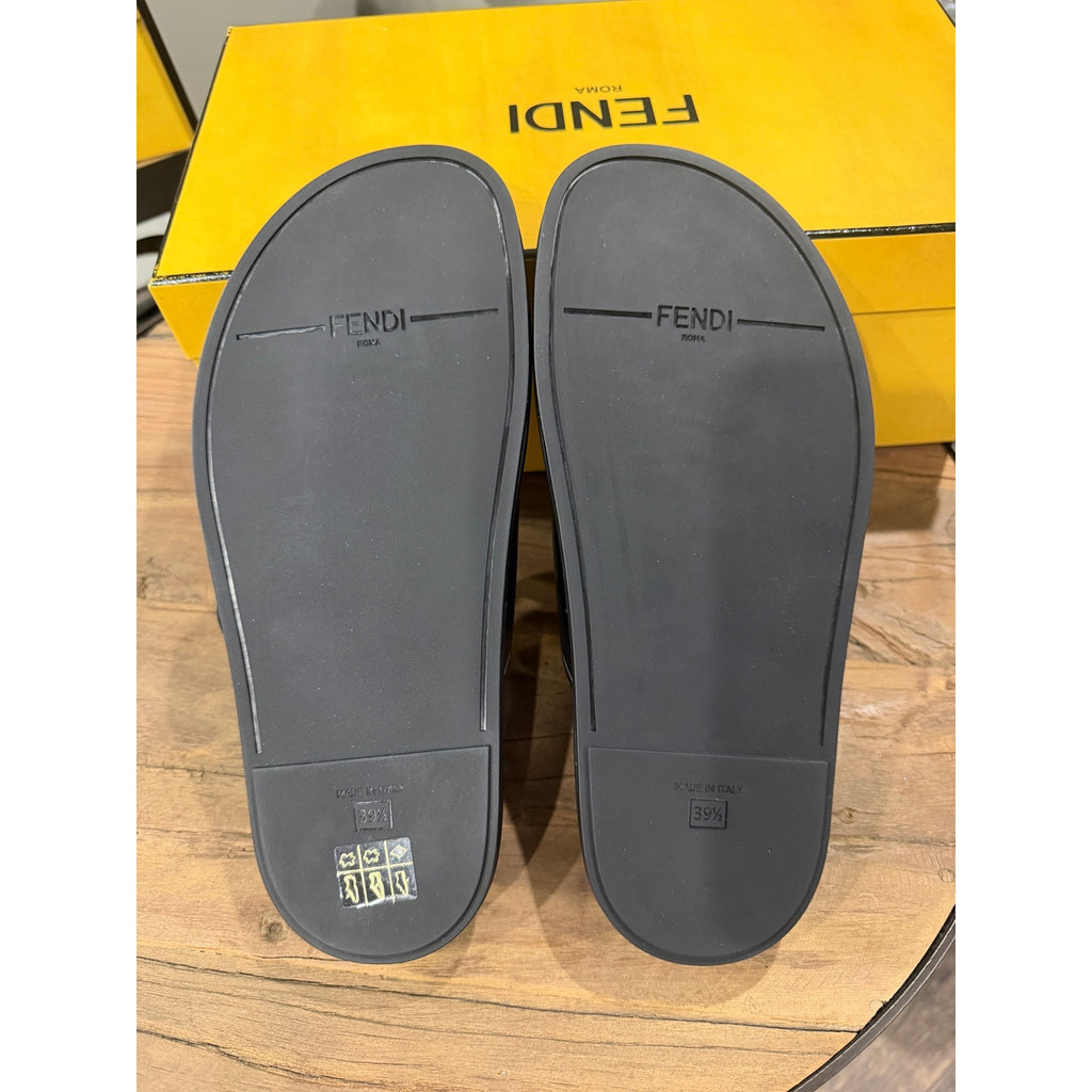 Fendi Feel Double Strap Buckle Black Leather Slides BNIB 39.5