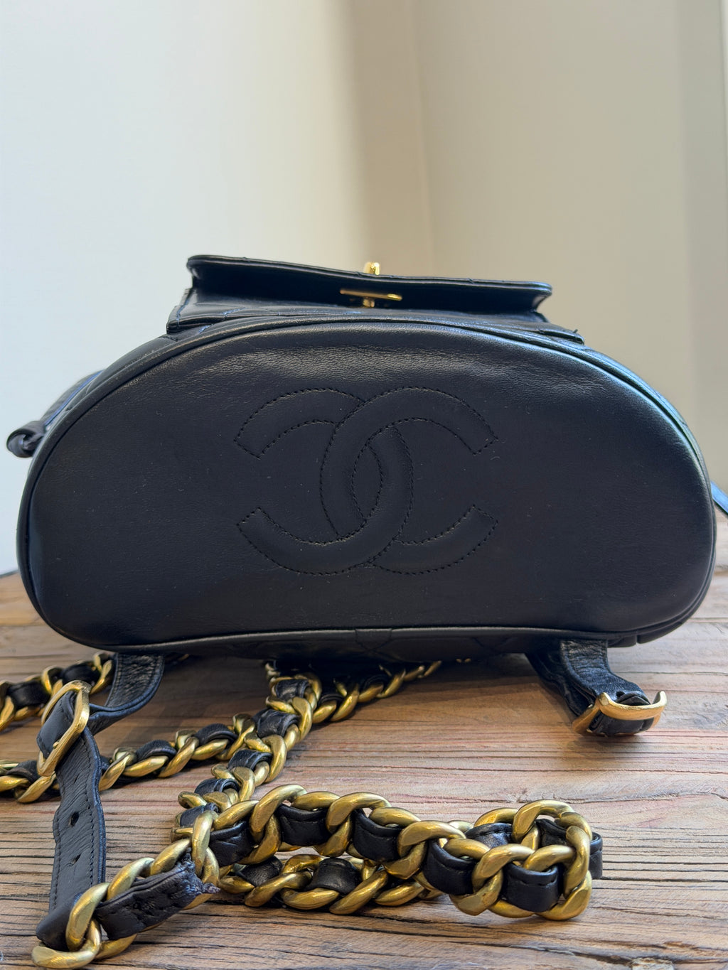 CHANEL Vintage Black Lambskin Quilted Drawstring Backpack 24K Gold Plated Hardware