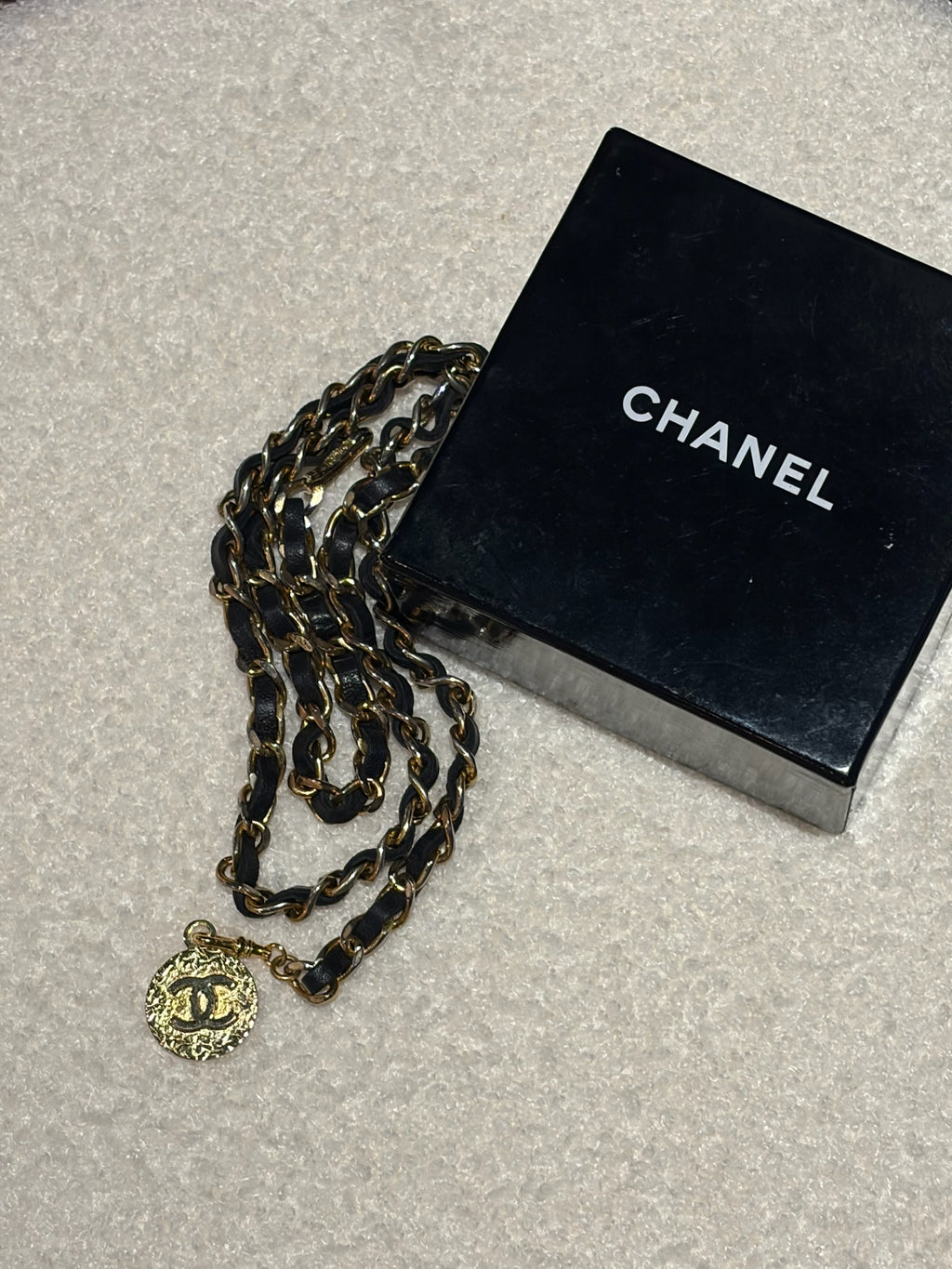 Chanel Leather Woven Chain Strap Necklace Belt Gold Tone Black Leather Medallion Charm