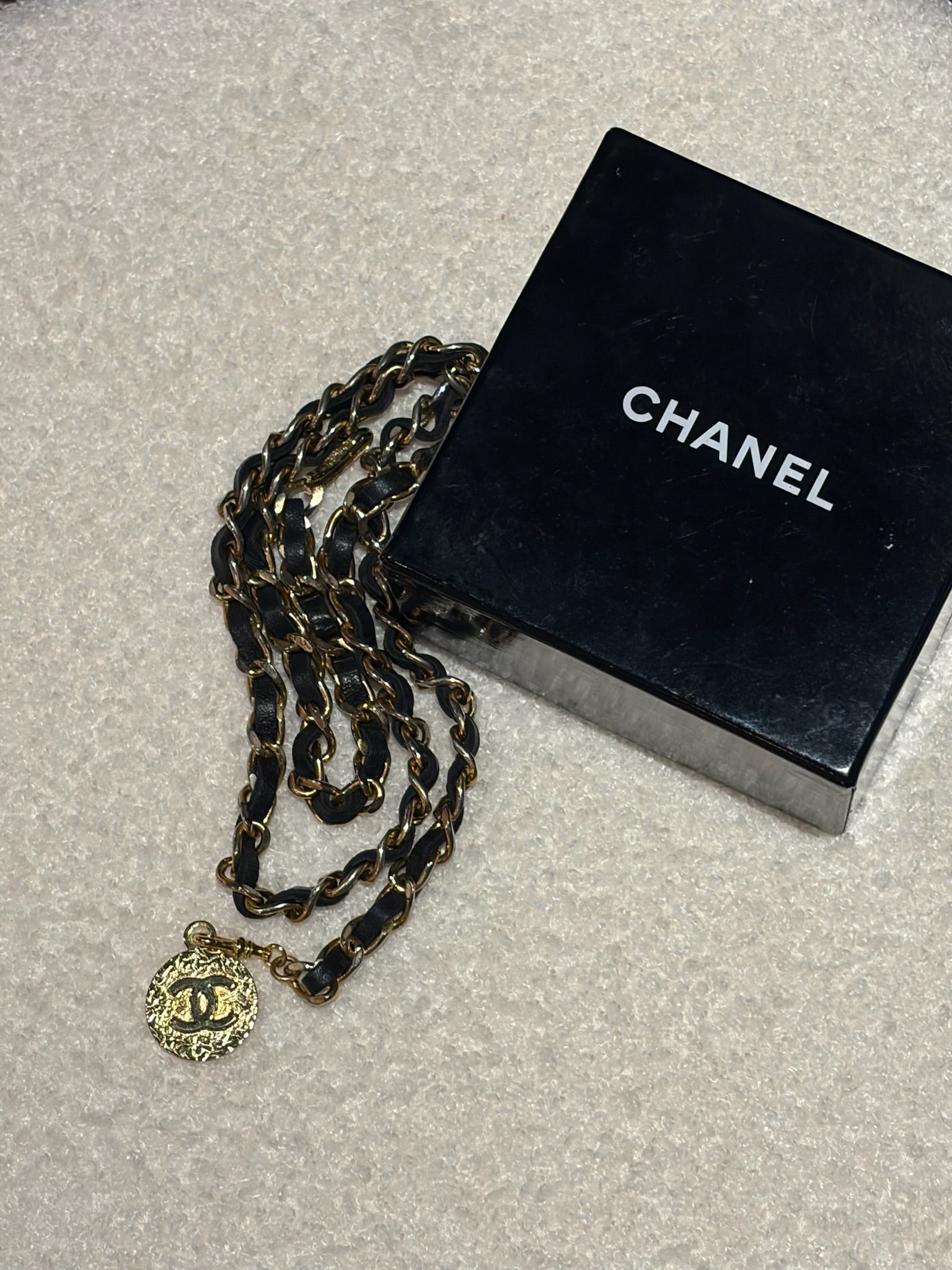 Chanel Leather Woven Chain Strap Necklace Belt Gold Tone Black Leather Medallion Charm