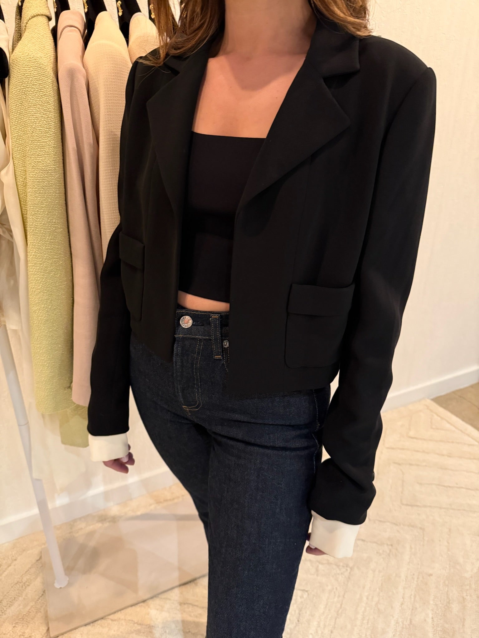 Chanel 2015 Silk Black Runway Blazer with Removable White Sleeves | FR40