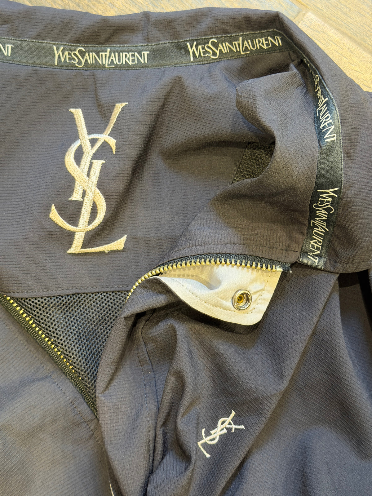 Yves Saint Laurent YSL Navy Black Windbreaker Bomber Jacket with Logo Embroidery