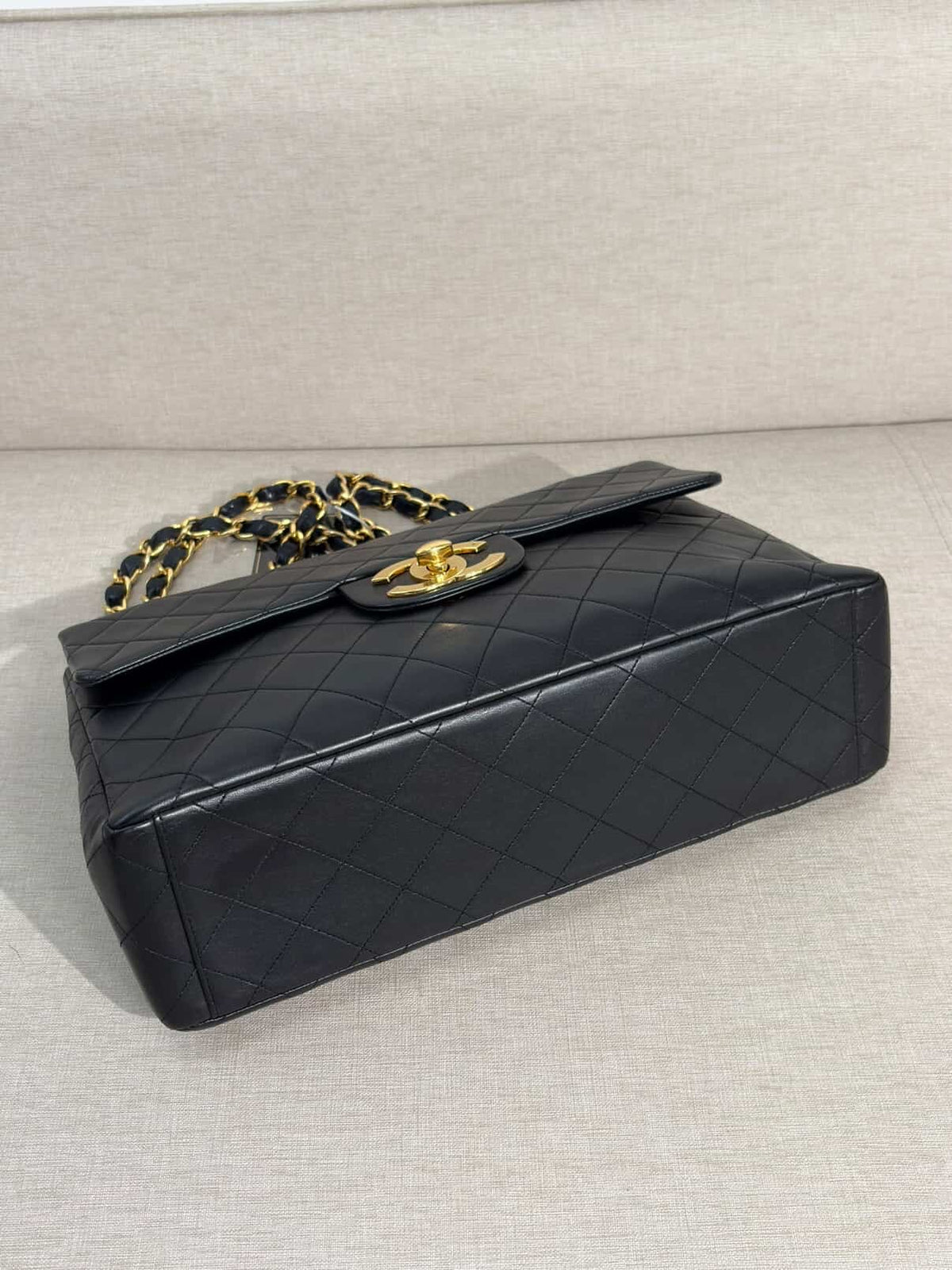 Chanel Maxi Flap Bag Black Quilted Leather 24K Gold Plated CC Vintage 1991-1994