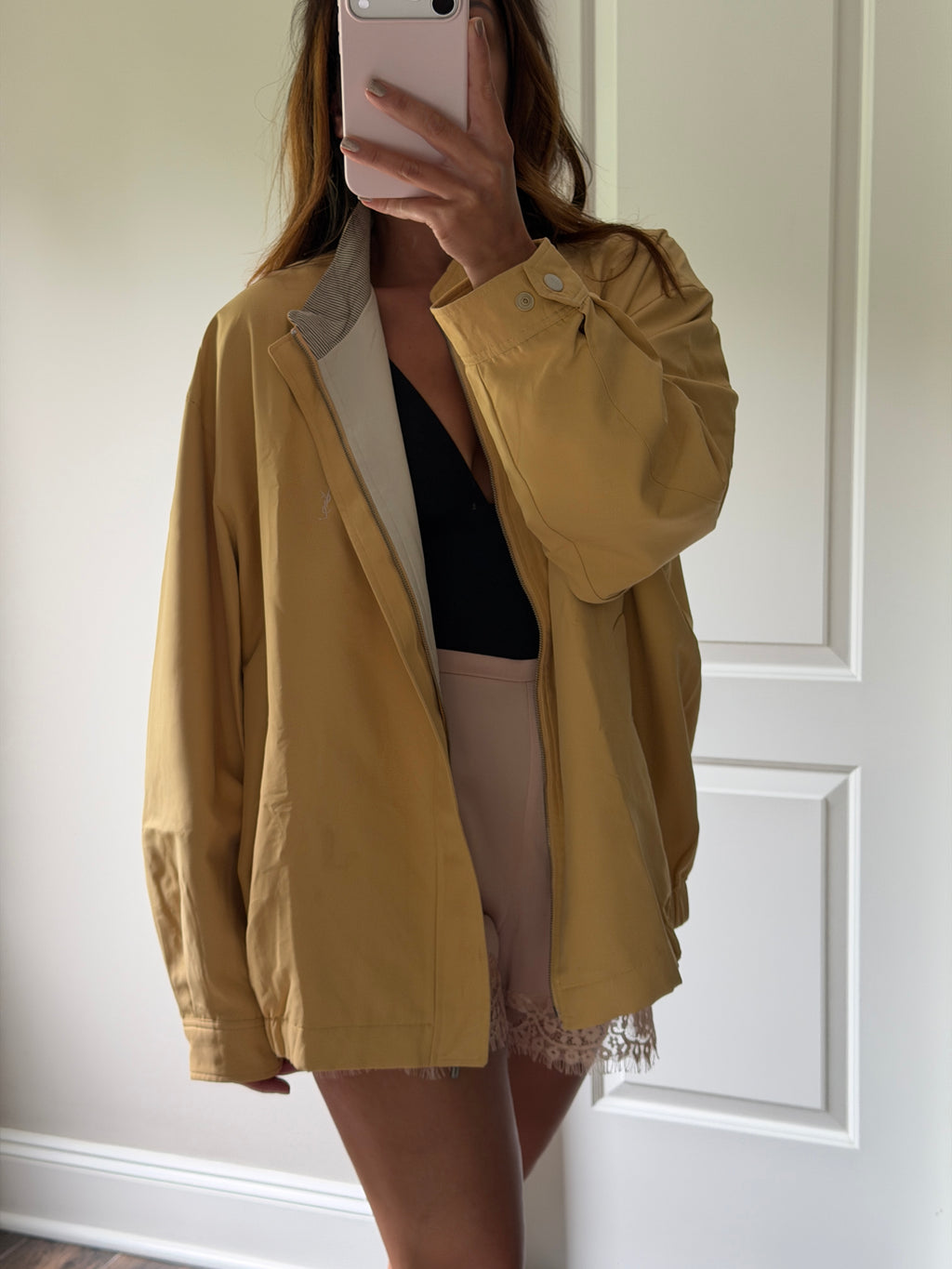 Yves Saint Laurent Vintage 90s Yellow YSL Logo Windbreaker Jacket White Logo Size 110 Oversized