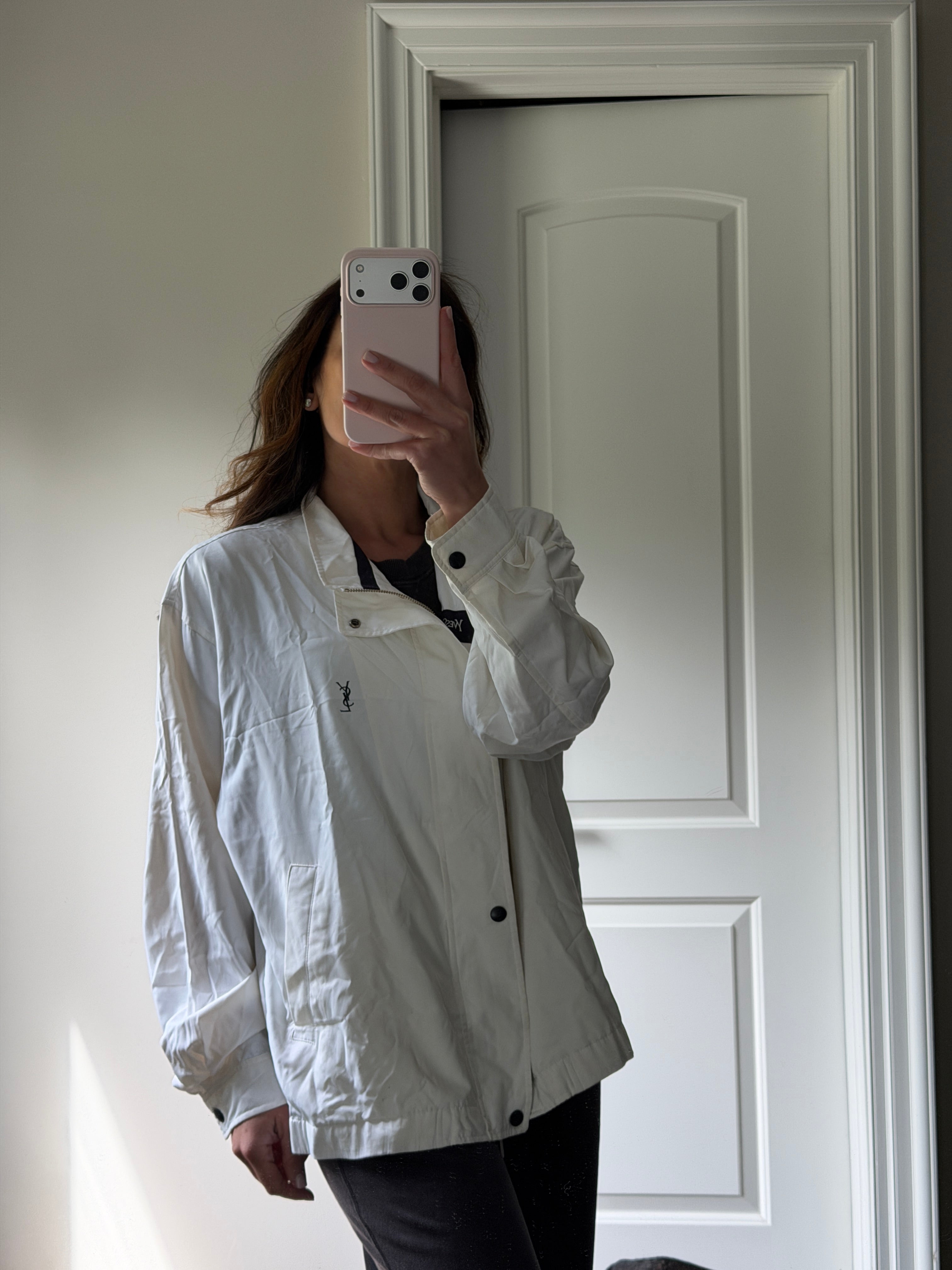 Saint Laurent White Windbreaker Jacket with Black YSL logo