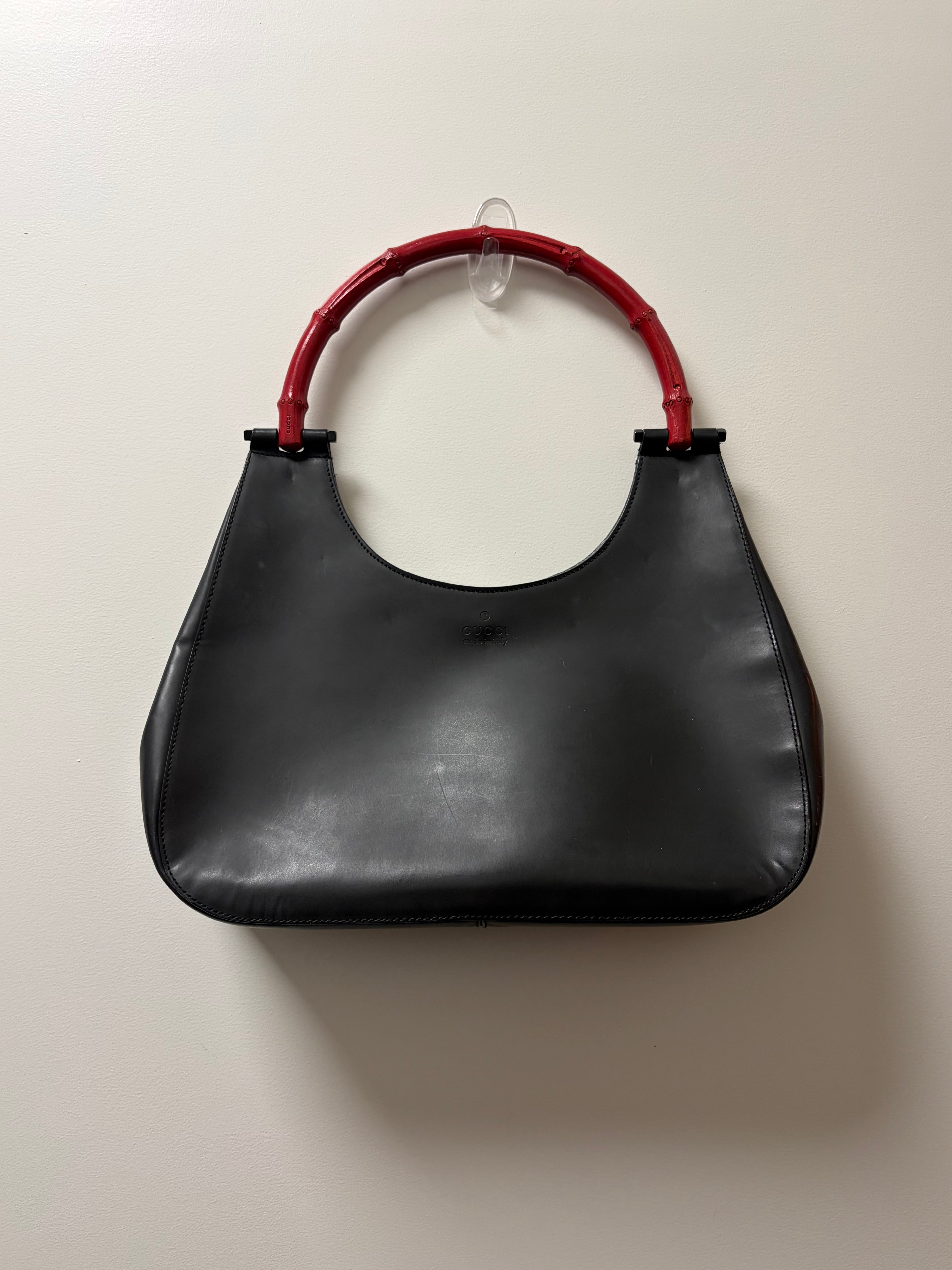 Gucci Bamboo Handle Shoulder Bag Black Leather & Red Bamboo