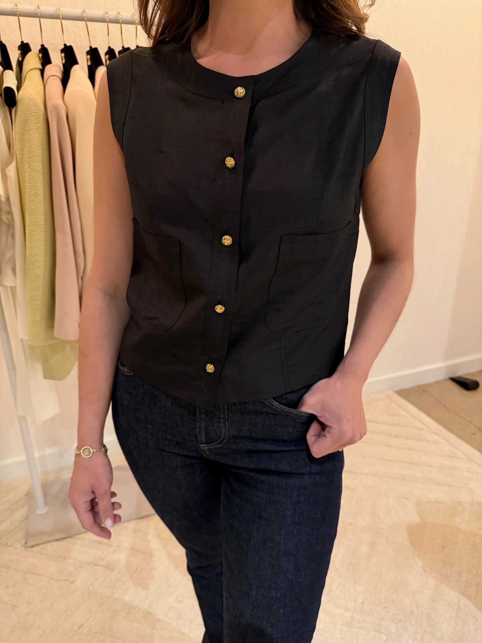 Chanel Black Gold Button Vest FR40
