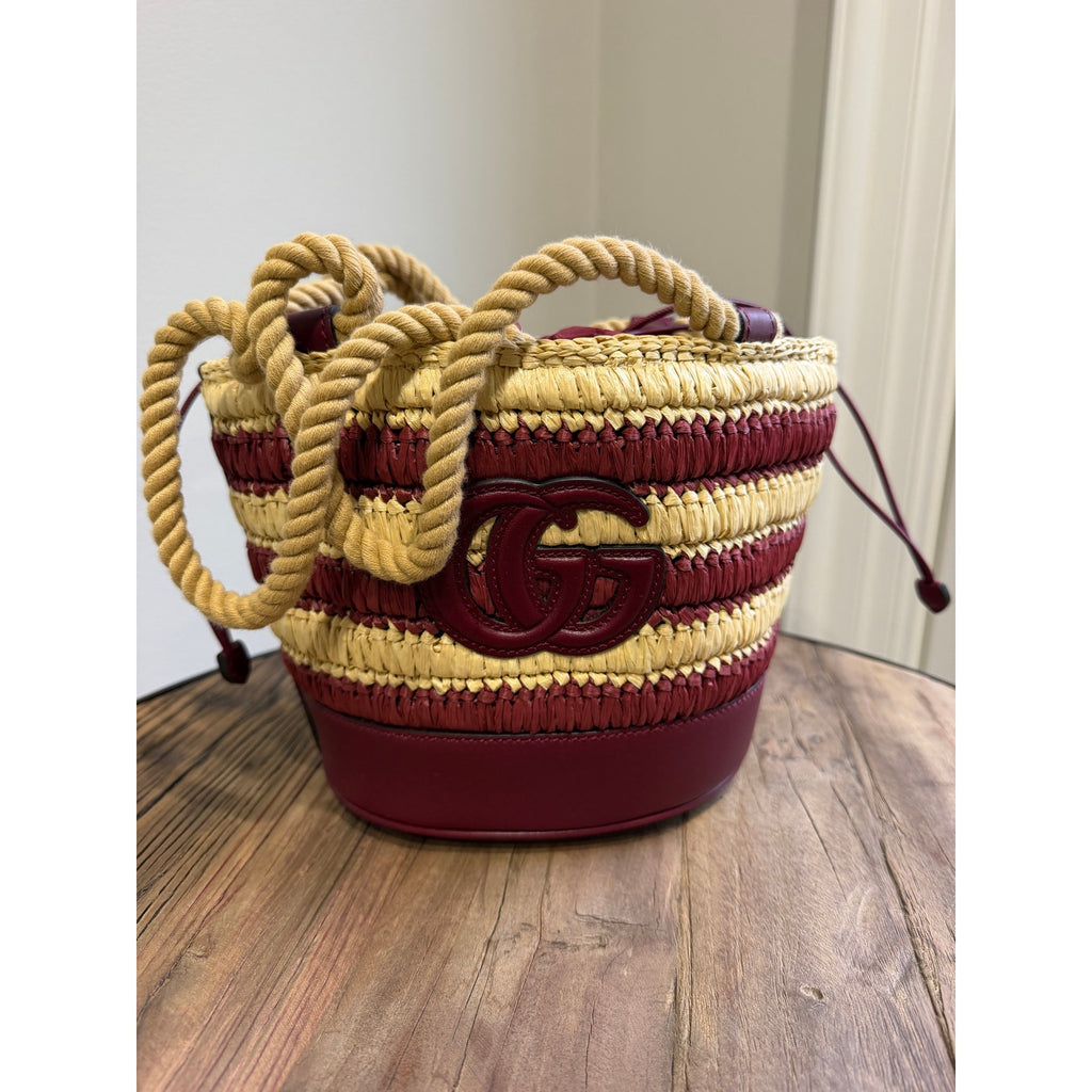 Gucci Mini GG Logo Woven Straw Bucket Bag Beige Brown Leather NWT