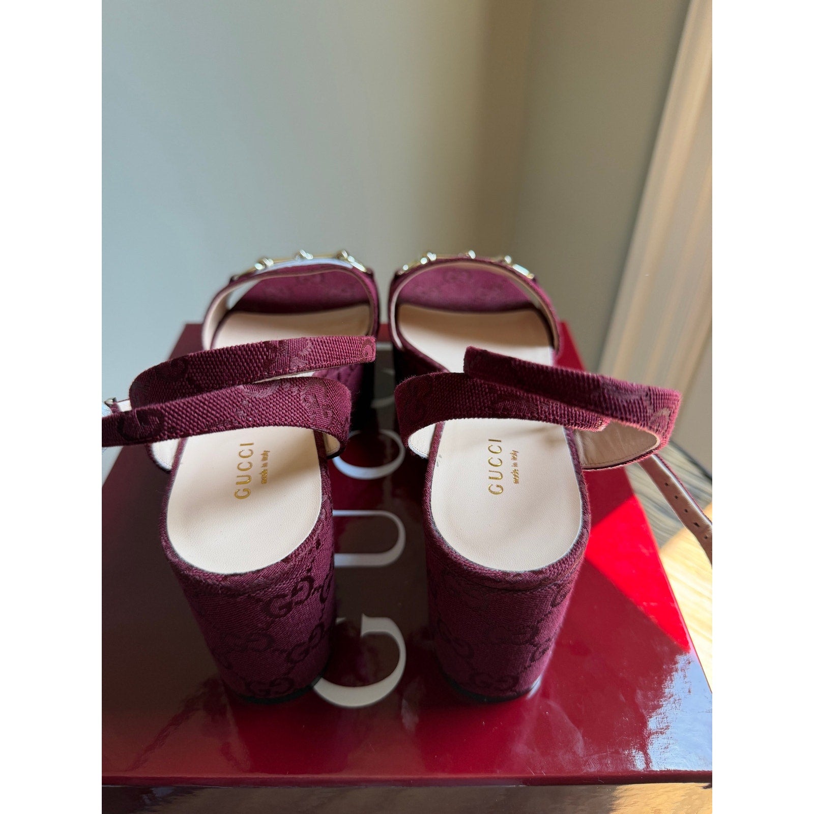 Gucci Lady Horsebit Burgundy GG Canvas Platform Wedge Sandals Size 39