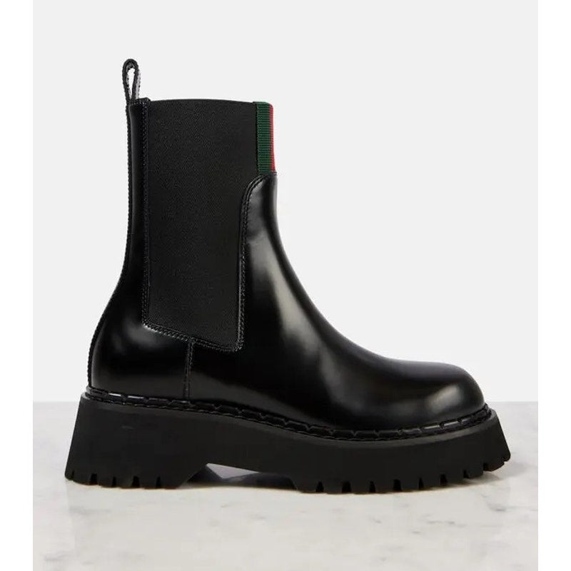 Gucci Web Stripe Leather Chelsea Boots Black Size 38.5 Brand New in Box