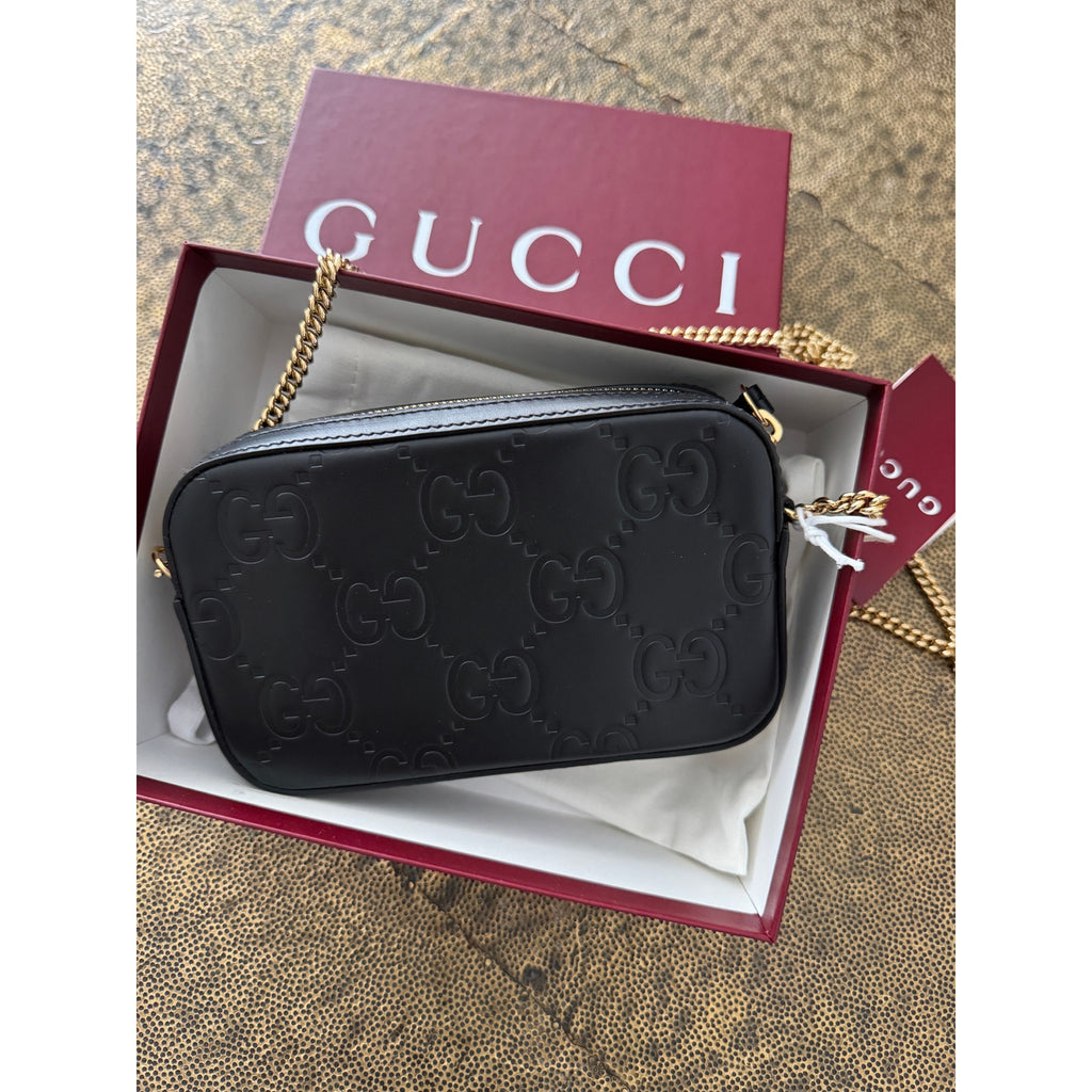 Gucci GG Super Mini Shoulder Bag Black Leather with Chain Strap Brand BNIB