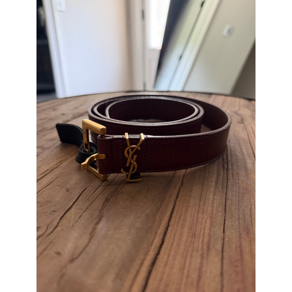Saint Laurent Cassandre YSL Leather Belt Brown Gold Tone Logo Size 80 Brand NWT