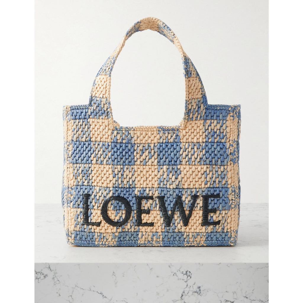 Loewe Paula’s Ibiza Raffia Blue Checked Tote NWT Embroidered Logo