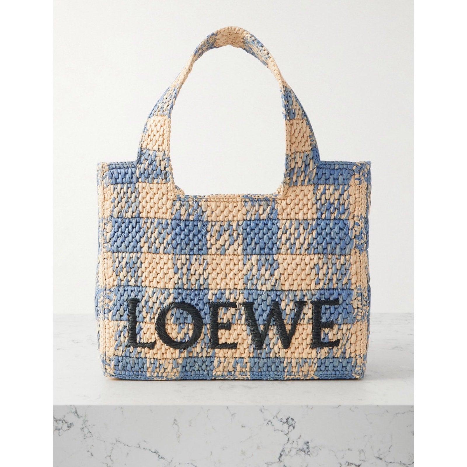 Loewe Paula’s Ibiza Raffia Blue Checked Tote NWT Embroidered Logo