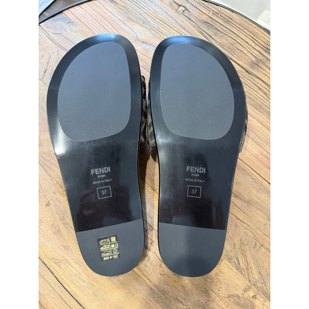 Fendi Feel Knotted Slide Sandals Brown FF Logo Satin Slides Size 37 Brand New in Box
