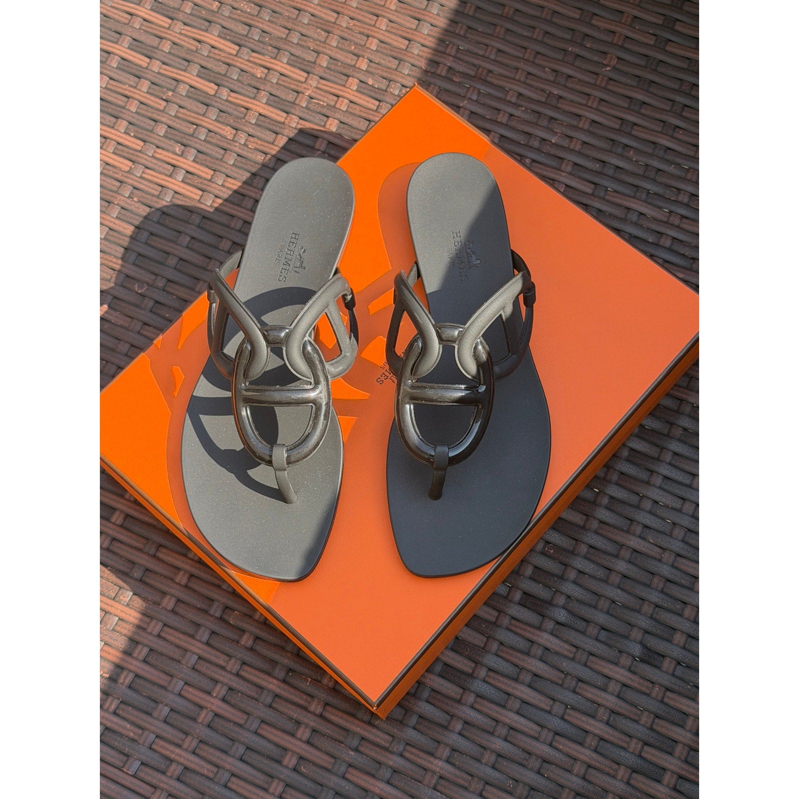 Hermès Egerie Rubber Sandals Black Size 37 New in Box Chain d’Ancre Italy