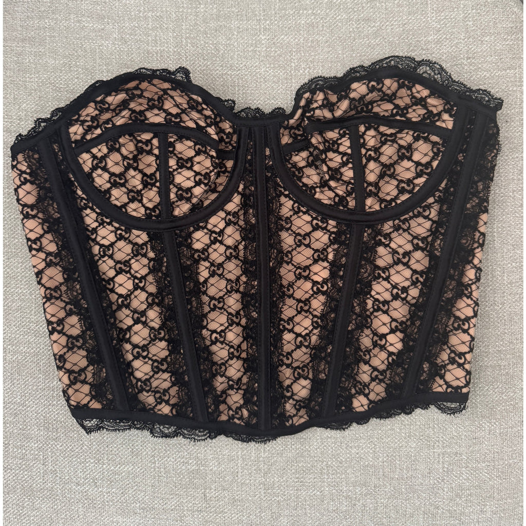 GUCCI Lace-Trimmed Embroidered Cotton-Blend Tulle And Satin Bustier Top Black M
