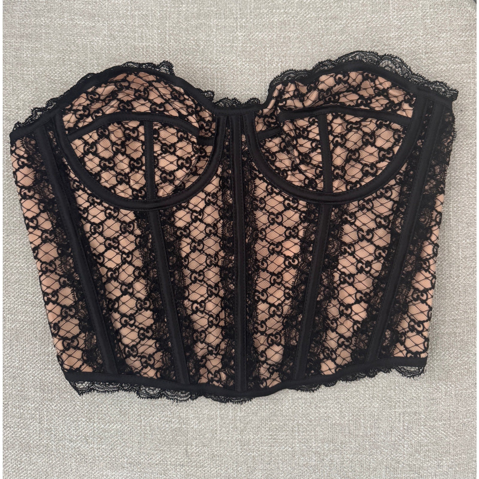 GUCCI Lace-Trimmed Embroidered Cotton-Blend Tulle And Satin Bustier Top Black M