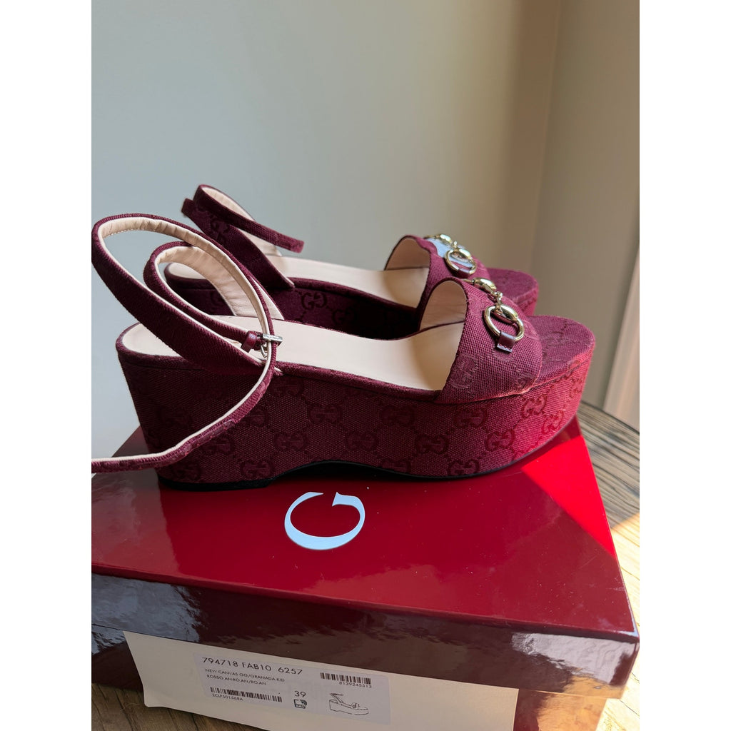 Gucci Lady Horsebit Burgundy GG Canvas Platform Wedge Sandals Size 39