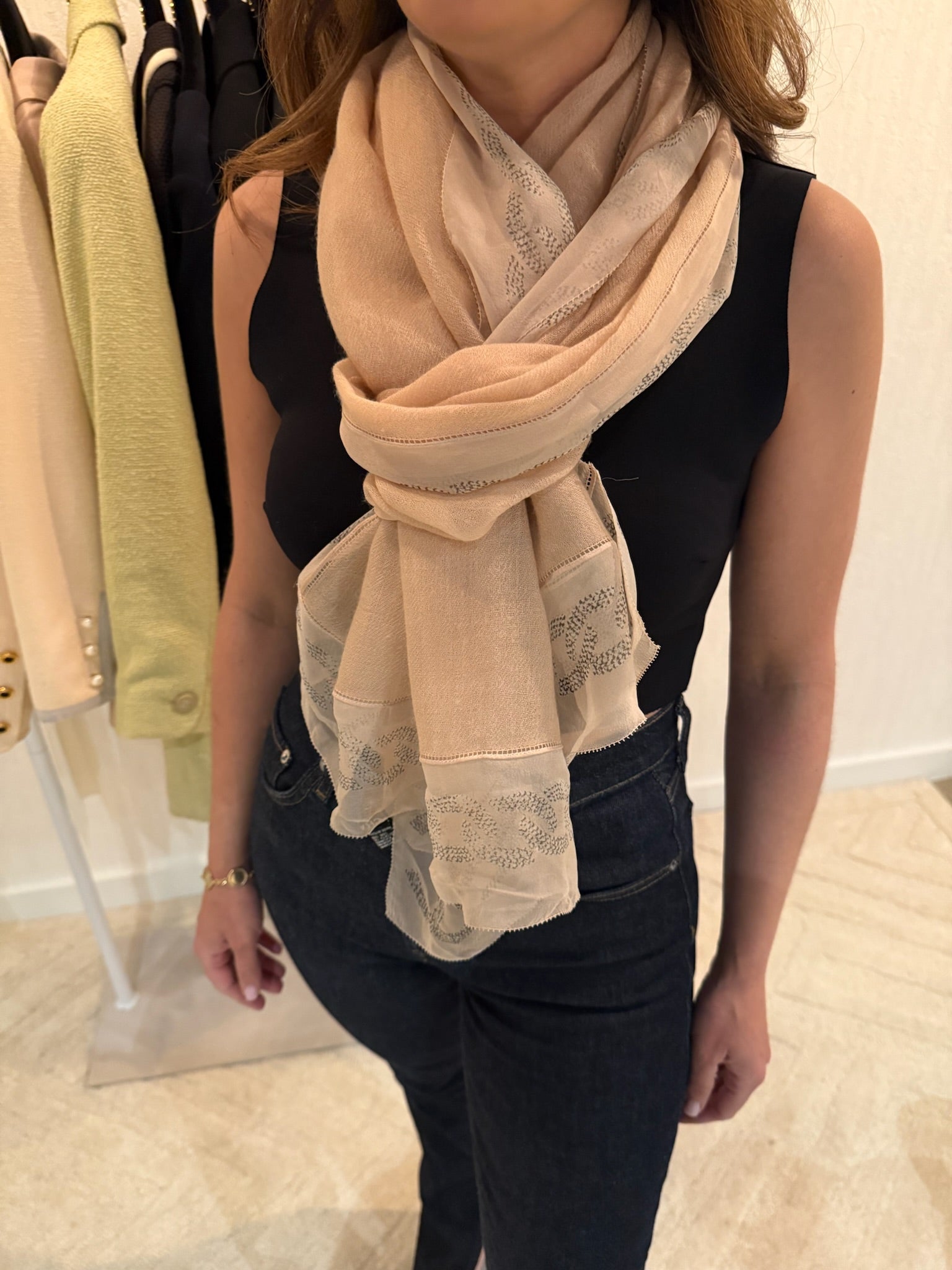 Chanel Cashmere CC Logo Scarf Pink Silver Metallic Lightweight Wrap